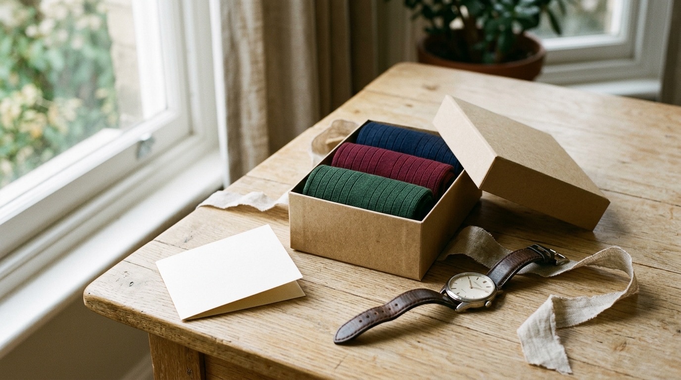 Coffret de trois paires de chaussettes pour homme sur une table en bois