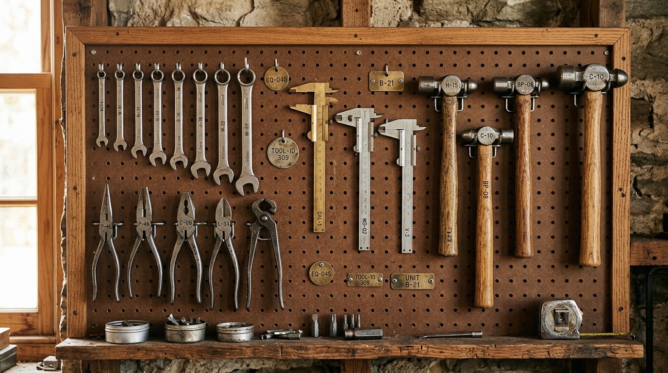 Outils d'atelier marqués d'un code d'identification sur un panneau perforé